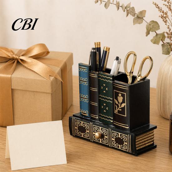 British Style Desk Accessory Wooden Book-Shaped Pen Holder, Retro Organizer with Drawer, Holder Creative Storage Container for Pens Notes Paper Clips