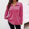 Autumn Winter New Solid Color Plus Size Women's Top V Lapel Long Sleeve Ribbed Brushed T-shirt Loose Casual