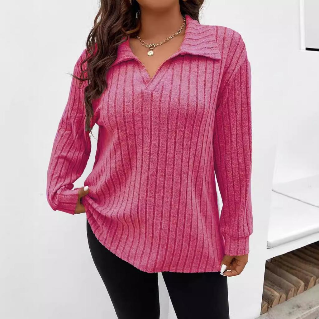 Autumn Winter New Solid Color Plus Size Women's Top V Lapel Long Sleeve Ribbed Brushed T-shirt Loose Casual