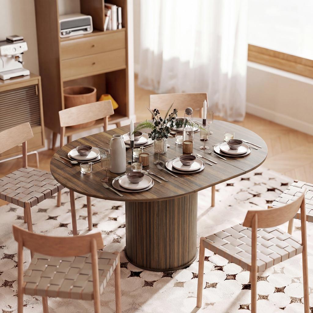 Extendable Dining Table for 6-8, 110-150 cm, Oval, Round Central Base, Walnut