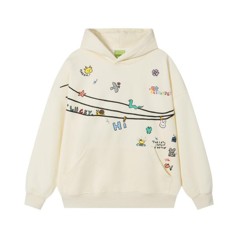 Creative Fun Animal Print Fleece Hoodie Loose Fit Men Women American Vintage Style Casual Sweatshirt