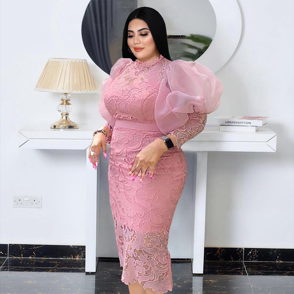 

Plus Size Women s See-through Lace Patchwork Puff Sleeve Dress, Round Neck, Cinched Waist, Mid-length. 3XL розовый