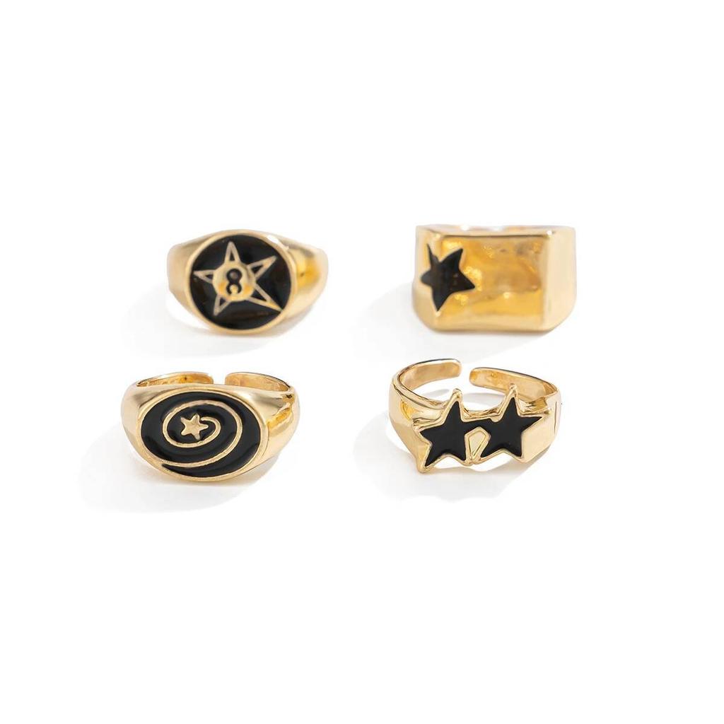 Salircon 4Pcs/Set Punk Five-Pointed Star Wide Rings for Men Hip Hop Gold Color Geometric Thick Opening Finger Rings Jewelry Gift