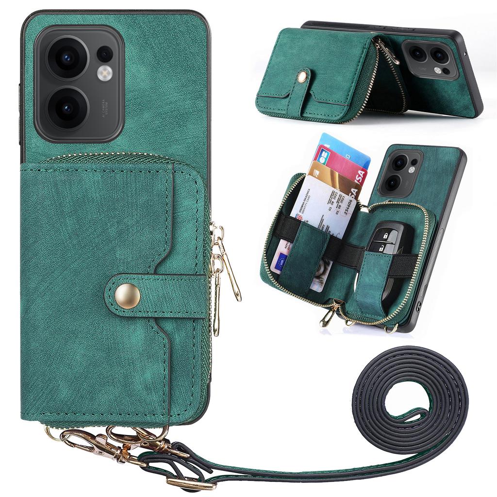 For Oppo Reno13 F 5G PU Leather Phone Back Cover with Zipper Card Holder and Long Strap