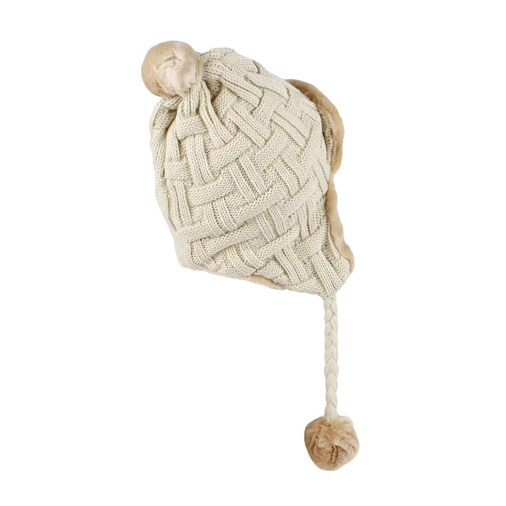 With Moons FZ70022 Warm Winter Knit Hat with Earflaps and Fur Lining (Beige), Pompoms, Woven-Look Design,