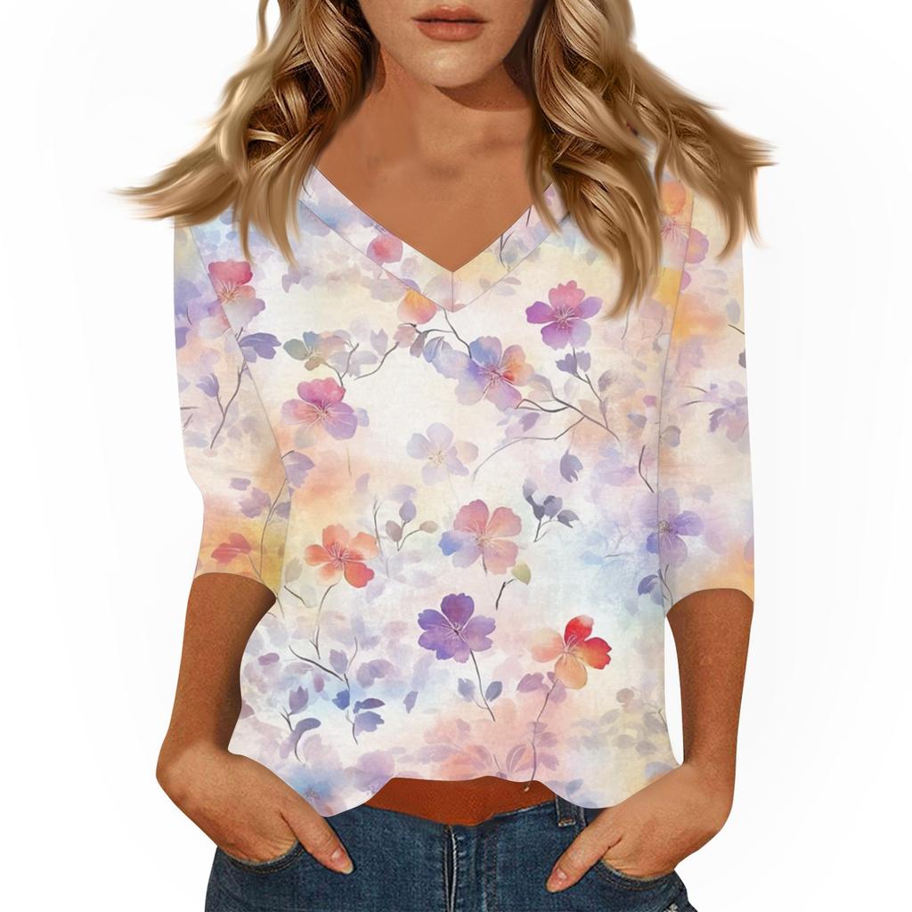 Women's Tops Three-quarter Sleeve Shirt V-neck Loose Casual Shirt Print T-shirt