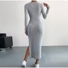 New Women Spring Autumn Casual Dress Solid Color Knitted Dress Sexy Slim Elegant Retro Dresses Long Sleeve Round Neck Side Slit Dress