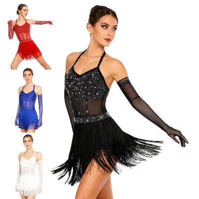 Women's Performance Dance Dress S-XXL: Sheer Mesh & Rhinestone Bodysuit with Tiered Tassel and Long Gloves for Tango