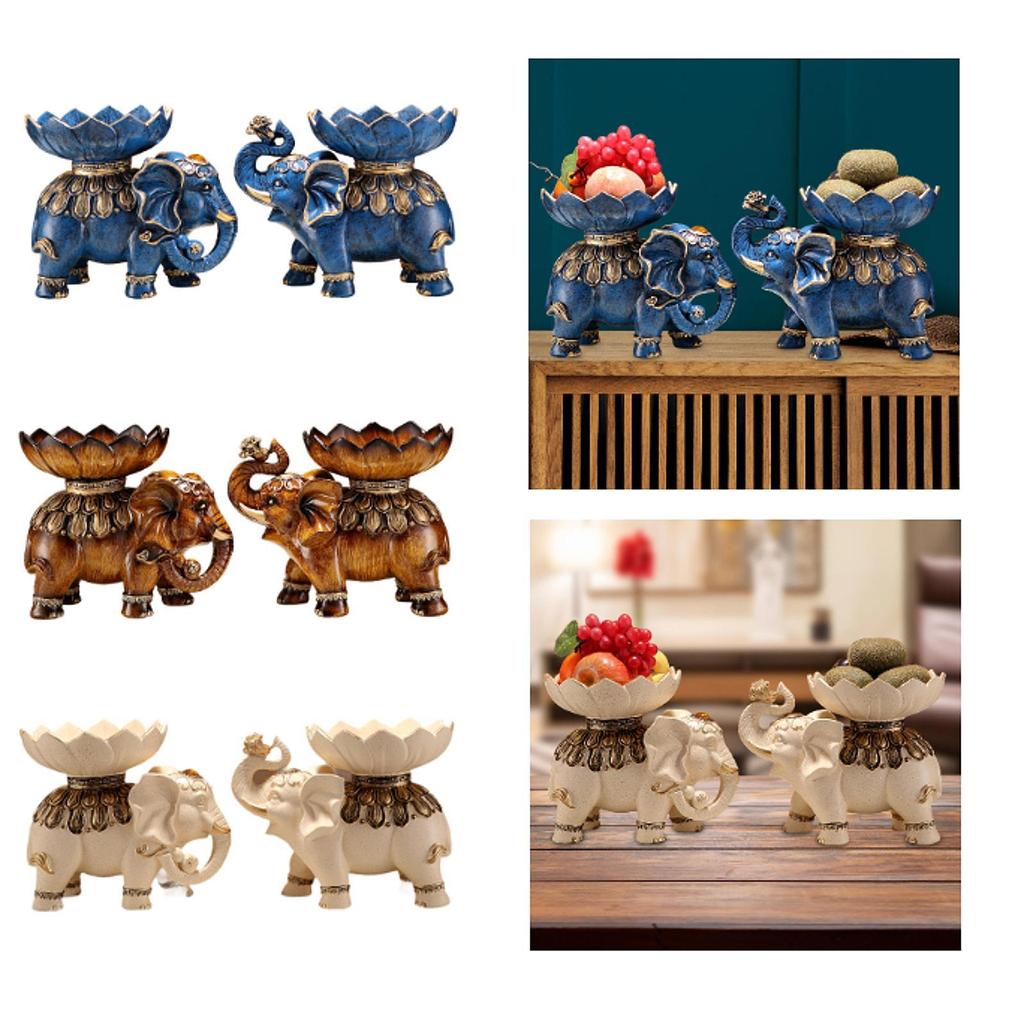 Couple Elephant Figurines with Fruit Tray Resin Handicraft for Wedding Party