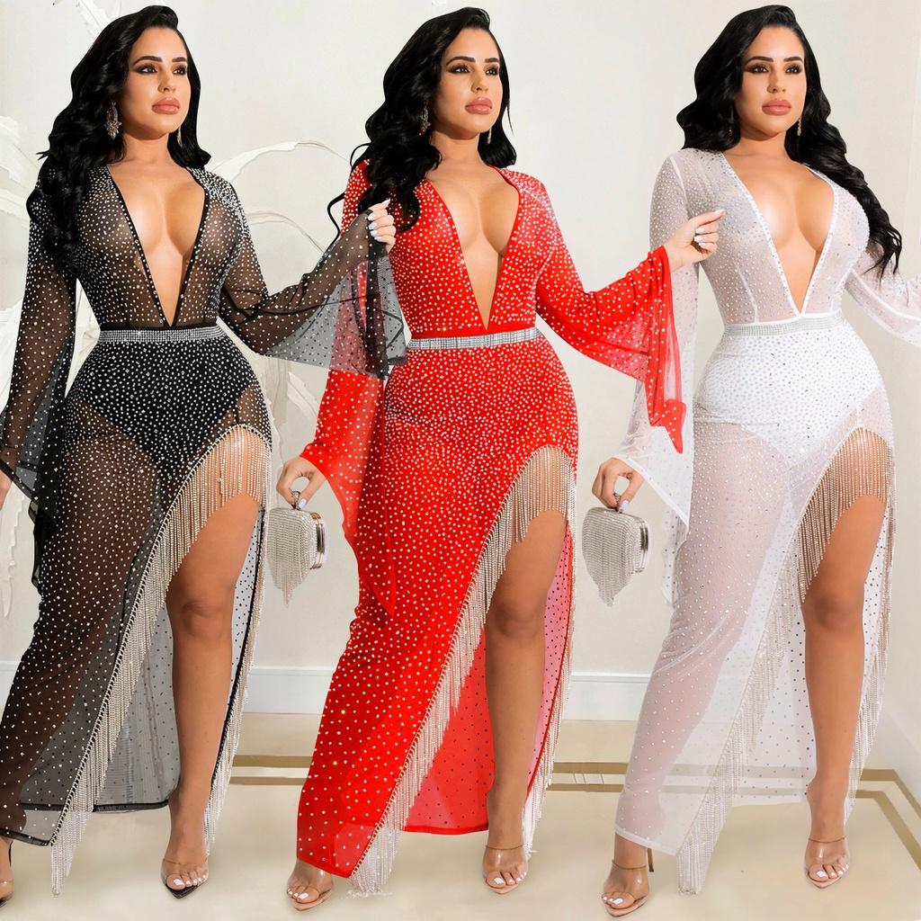 

Женщины Элегантные Длинные Рукава Горный Хрусталь Кисточкой Сплит Сетка Прозрачное Свадебное Макси Длинное Платье Хозяин Свадьбы Невесты Подружки Невесты Партии Платья