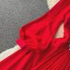 Elegant V-Neck Chiffon Dress with Waist-Cinching A-Line and Pleated Design