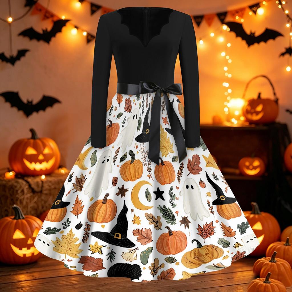 Women Casual Vintage Halloween Dress V Neck Long Sleeve Belted Waist Retro Printed Midi Dress for Autumn and Party