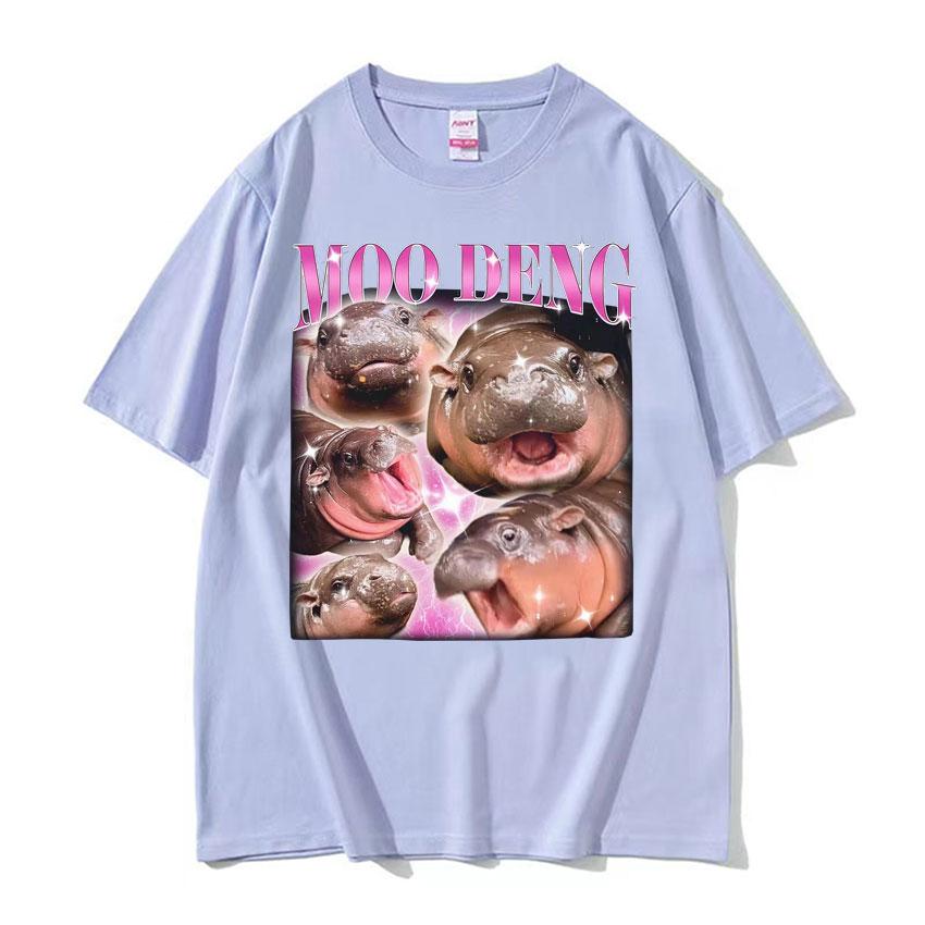 Cute Moo Deng Baby Hippo Funny Meme T Shirts Men Women Casual Cotton Short Sleeve Tshirt Vintage Hip Hop Streetwear Tshirt Tops