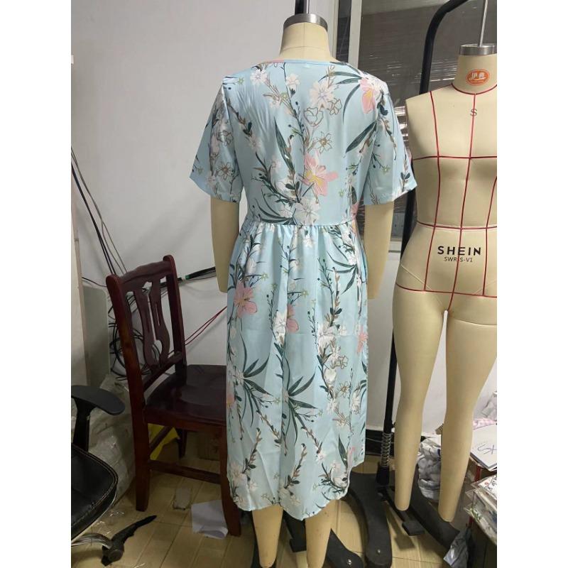 Casual O Neck Pockets Printed Loose Dresses for Women Plus Size Summer New Short Sleeve Women's Dress Fashion Elegant Vintage Floral Long Dress 3364