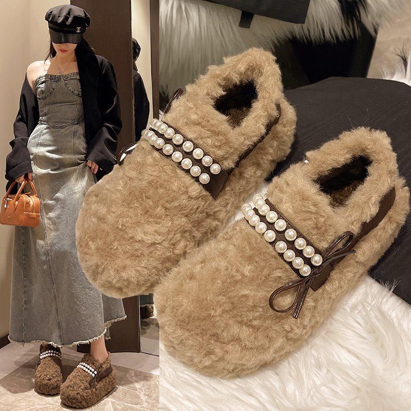 velvet cotton shoes Korean version lazy thick-soled lamb wool one pedal outside wearing round head fluffy shoes women's new autumn and winter beans