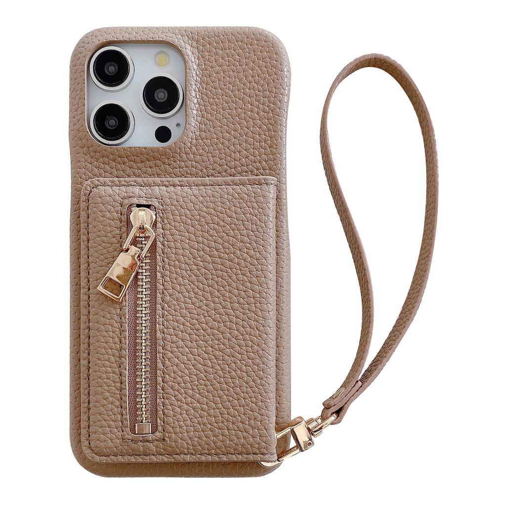 For iPhone 14 Pro Max Case Card Slots Kickstand PU Leather Back Cover with Zipper Pocket, Wrist Strap