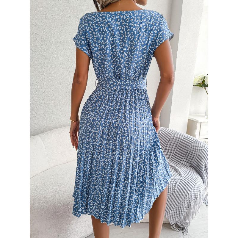 Women Casual Short Sleeve Floral Print High Waist Pleated Midi Dress