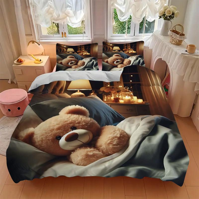 3-teiliges Anime-Teddybär-Bettwäscheset - Enthält einen Bettbezug und zwei Kissenbezüge (Kein Kern) - Perfekt für Schlafzimmer- und Gästezimmerdekoration,