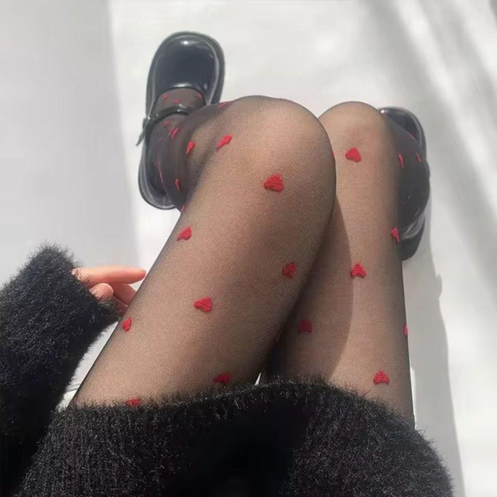 Christmas Gifts Female Alluring Hosiery Red Heart Print Pantyhose Exquisite Silk Stockings