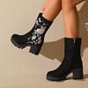 Embroidered Flower High Heels Ankle Boots Suede Chunky Women Shoes 2025 Trend New Elegant Cozy Chelsea Boots Goth Botas Mujer