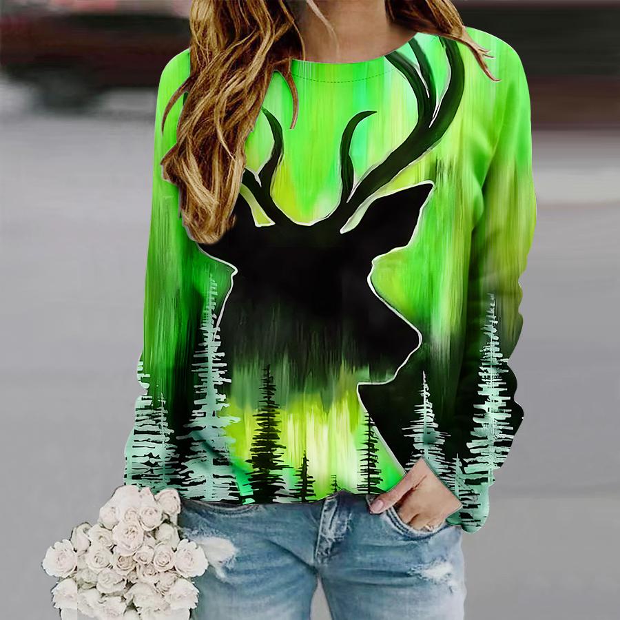 

Топы для женщин с принтом «Лесной лось», круглый вырез, длинный рукав, футболка, осенний повседневный тонкий пуловер, женский топ с длинным рукавом S зелёный