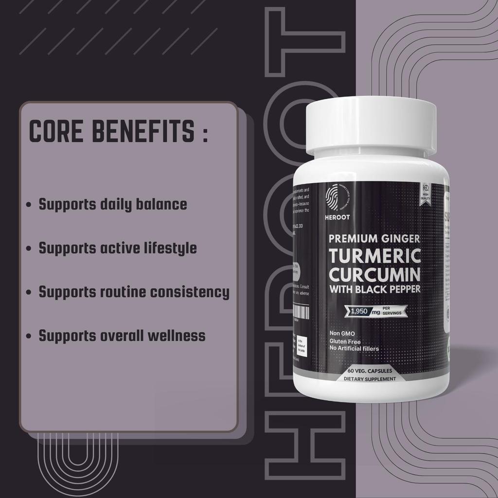Turmeric Capsules 1950mg Curcumin95% , Black Pepper & Ginger Complex Bioperine