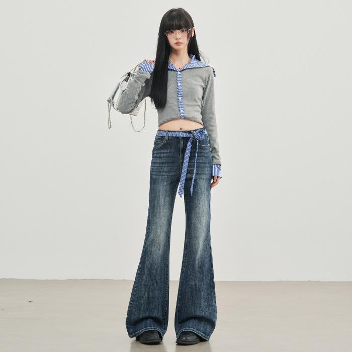 Design sense micro-pull pants retro fashionable versatile thin micro-flared jeans women's trousers extended retro blue trousers