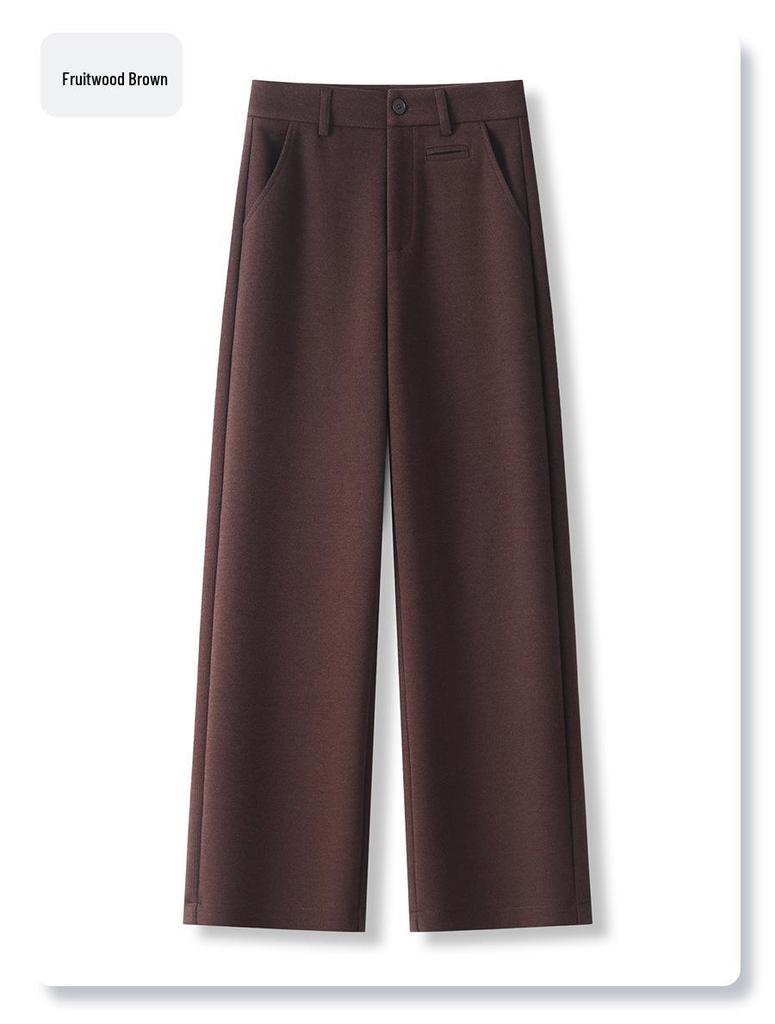 Women's 2024 Khaki Wool-Blend High Waist Straight Leg Cropped Pants for Autumn/Winter