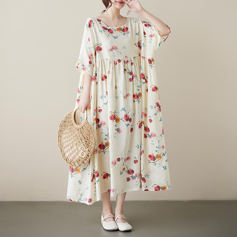 Summer New Mori Large Size Short-sleeved Dress Women Loose Casual Printed Long Skirt