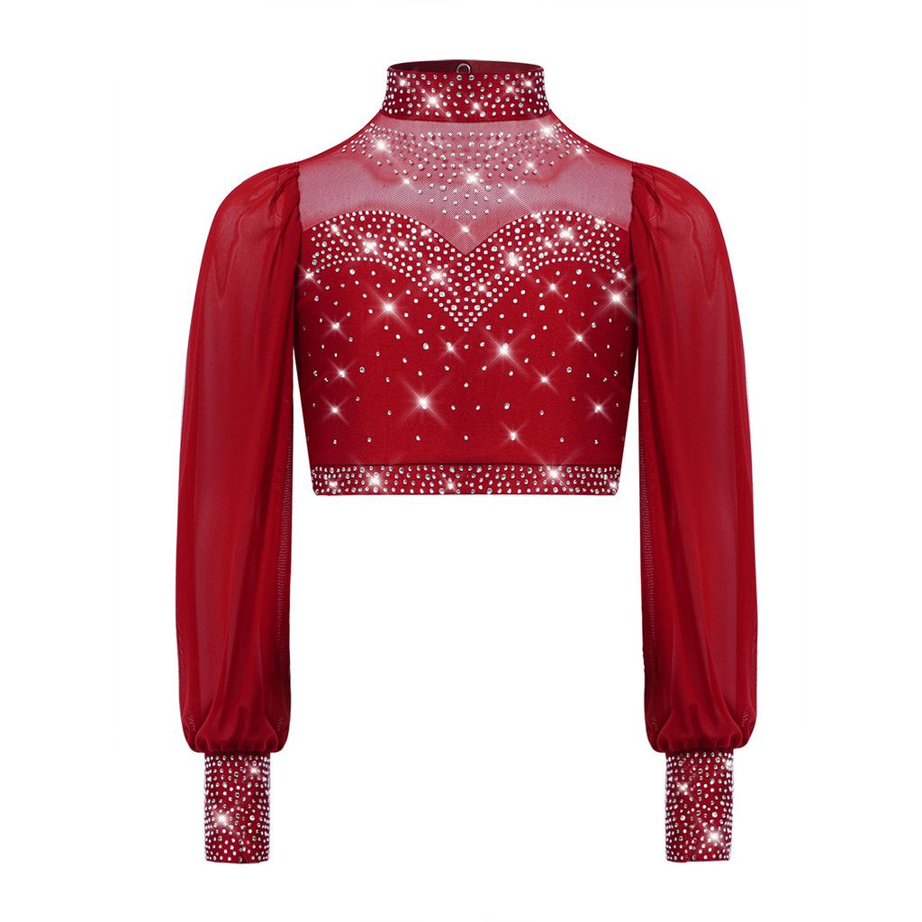 Mädchen Mesh Tanztop Langarm Stehkragen Ausschnitt Rücken Strass Crop Top für Lyrische Ballett Aufführung