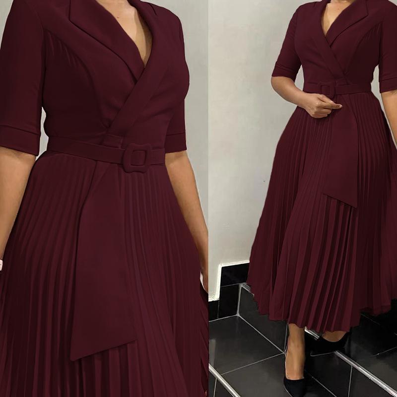 Autumn/Winter Plus Size Women's Pleated Waist OL African Dress with Suit Collar