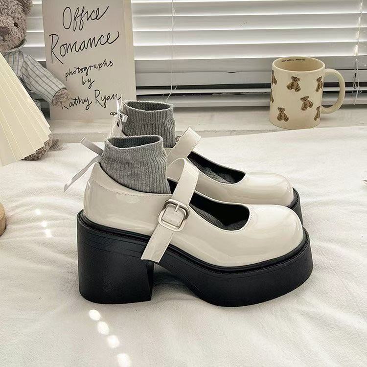 Coarse Heel High Heel Small Leather Shoes Jk Single Shoes 2025 Spring and Autumn New Thick Sole Heightening French Mary Jane Women's Shoes