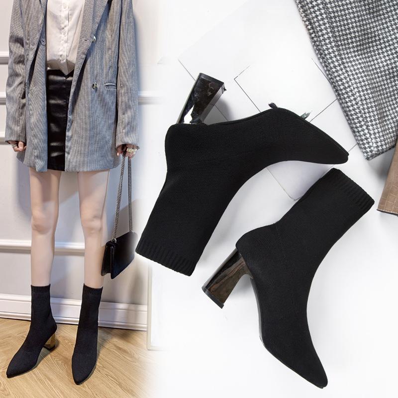 Women's Warm Boots, Comfortable and Fashionable Pointed-toe High Heels, Casual Chunky Single Shoes