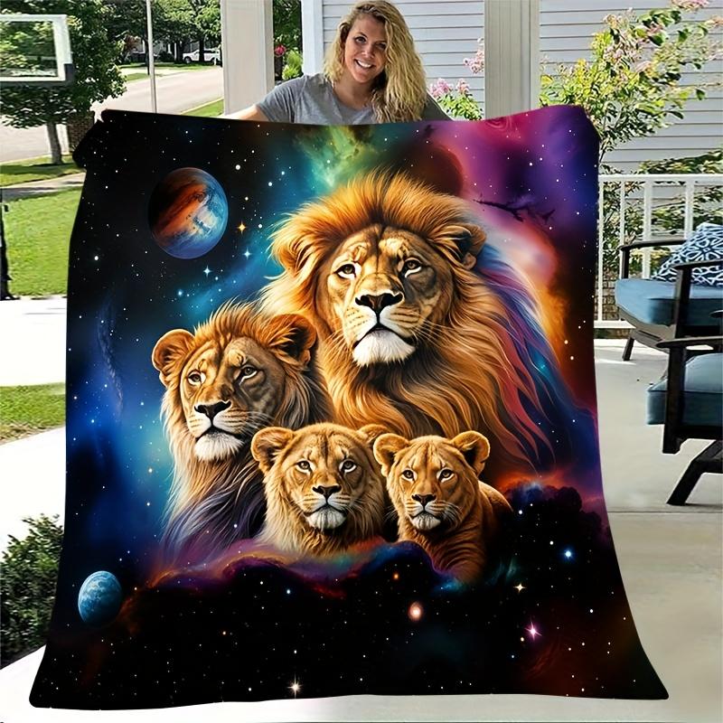 Lion Family In Space Fleece Blanket Cosmic Galaxy Print Throw Soft Warm All Season Bedding Home Decor Gift For Animal Lovers