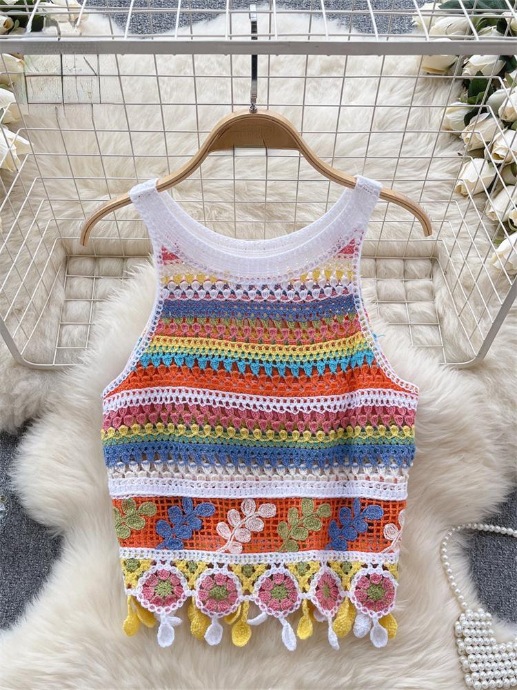 Bohemian Regenbogen Strick Tops Y2k Haken Blume Aushöhlen Ärmellose Süße Tank Tops Sommer Frauen Strand Bunte Camis Mode Kurze Sexy