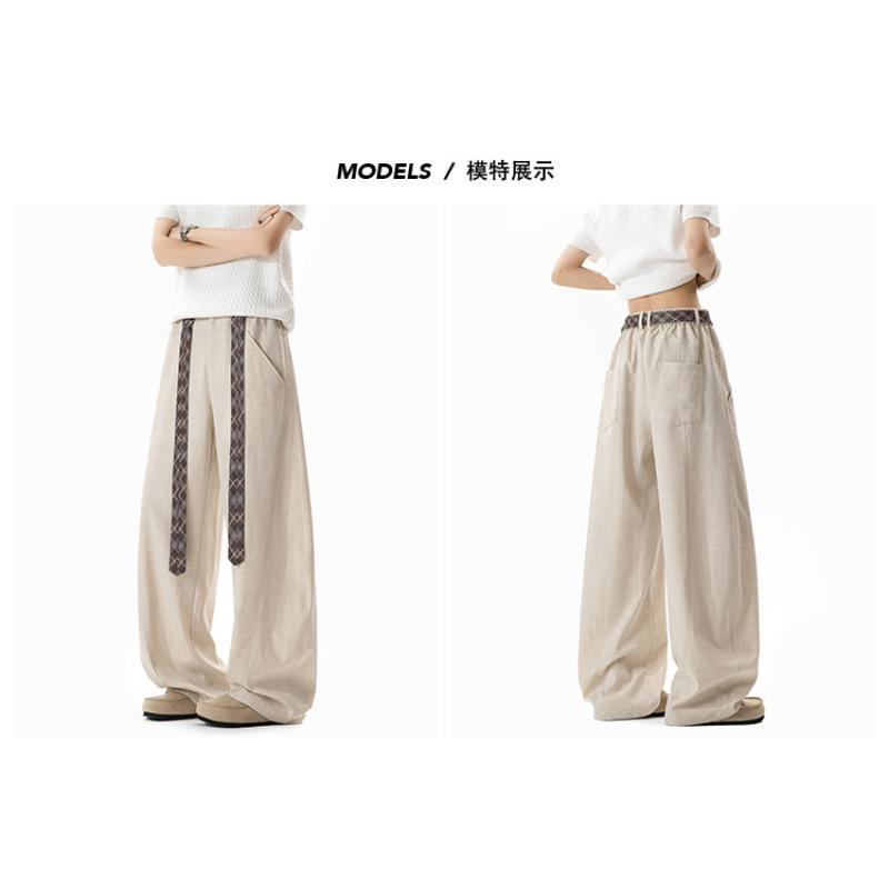 Vintage Contrast Plaid Belted Wide Leg Loose Casual Pants For Men