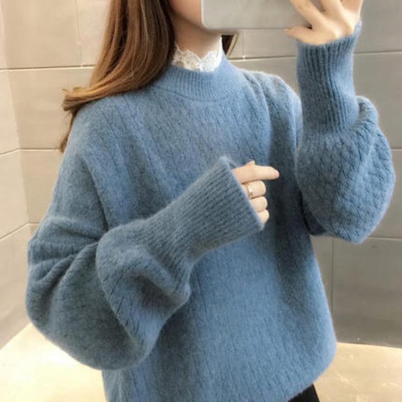 Pullover lace edge sweater women's spring, autumn and winter youth high school junior high school students fleece thickened knitted bottoming shirt