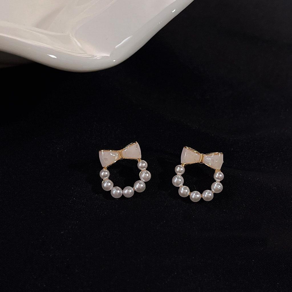 

925 Silver Needle 14K Gold-Plated Bow Pearl Stud Earrings - Fresh, Sweet, and Cute Design