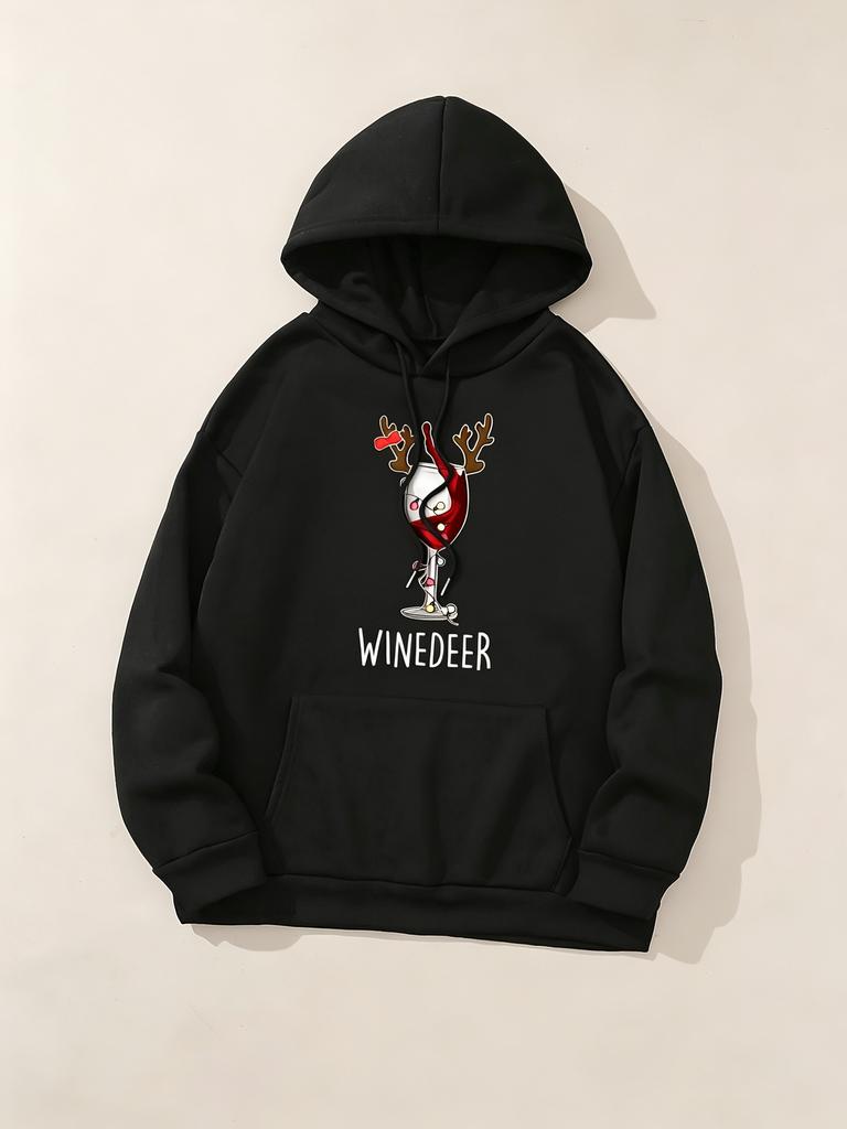 Women Casual Fashion Wine Deer Print Hooded Sweatshirt Kangaroo Pocket Comfort Drawstring Pullover For Autumn Winter