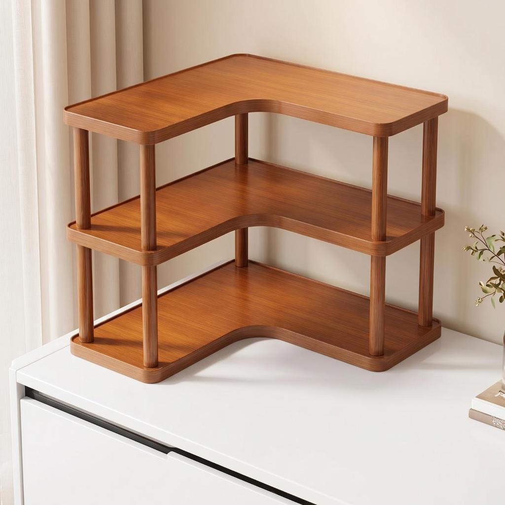 3-Level Bamboo Corner Desk Organizer Shelf Rounded Corners