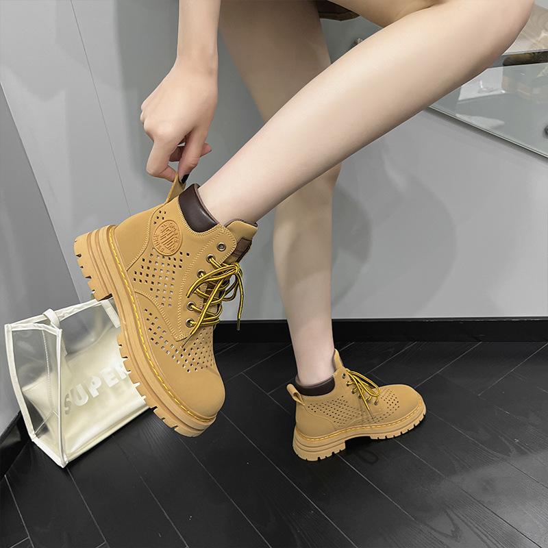 High Heeled 5cm Hollow Out Boots for Women Breathable Cool Boots Genuine Leather Martin Boots with Increased Height Inside Casual Women's Short Boots