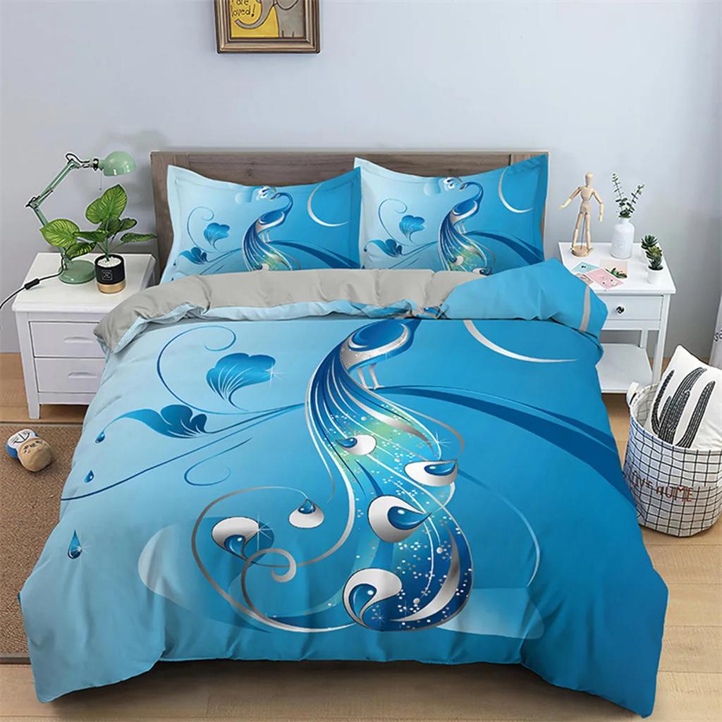 Dark Blue Peacock Feather Duvet Cover Feather Elegant Theme Chic Floral Quilt Cover For Women Teen Boys Girls Bedroom Decoration