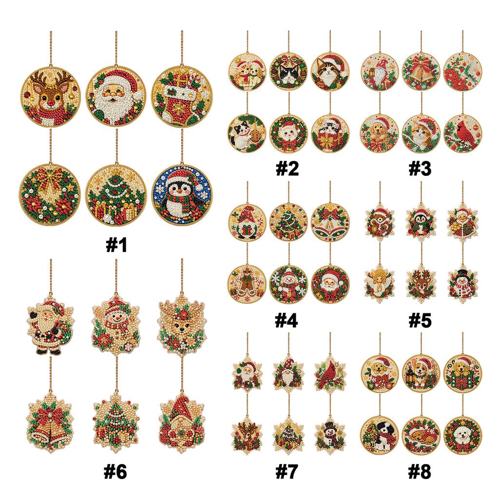 DIY Diamond Painting Christmas Tree Ornament 6pcs Round Wooden Pendants with Resin Gems And Rope