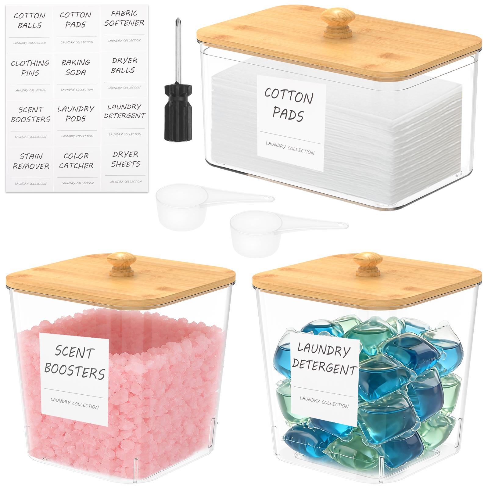 

3/4Pcs Laundry Powder Container PET Transparent Storage Box with Bamboo Lid and Spoon Dryer Sheet Holder Set Laundry Accessories