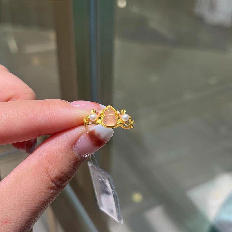 Elegant Pink Crystal Gourd Ring for Women - Luxury Retro Chinese Style, Gold-Plated Adjustable