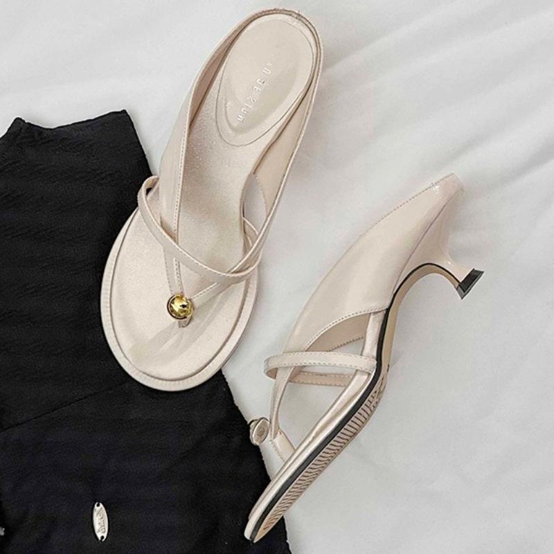 Fashion Luxury Metal Decoration Brand Slippers Women Fashion Cross Tied Kitten Heel Designer Shoes Comfortable Clip Toe Beach Flip Flops