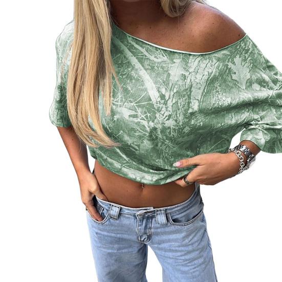 T-shirt Slash Neck Short Sleeve Tops with Stretchy Comfortable Sloping Shoulder Printed Design Regular Fit S зелёный