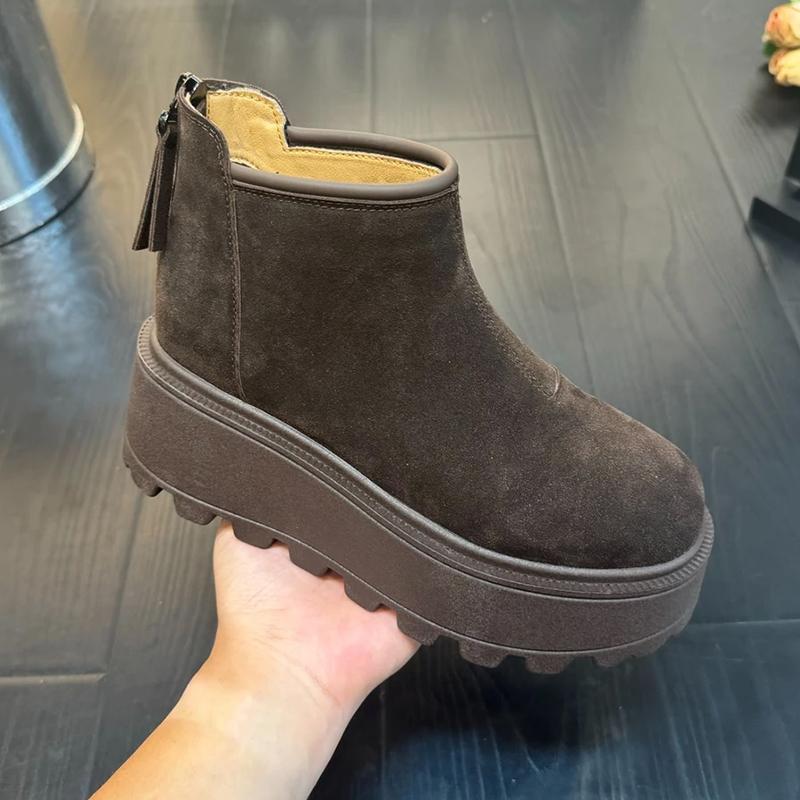 

Женские замшевые зимние ботинки на платформе, модная обувь на плоской подошве, плюшевые теплые ботильоны, тренд 2025 года, новые брендовые кроссовки, зимние уютные женские ботинки 40 темно-коричневого