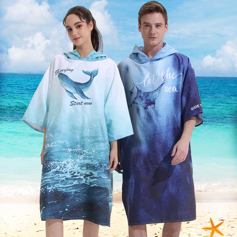 Textilien Ocean Style Double Sided Velvet Quick Dry Beach Towel Hooded Cape Pockets Sleeves Surf Changing Robe For Swimming Surfing