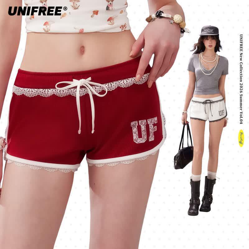 UNIFREE Lace Patchwork Drawstring Casual Shorts S
